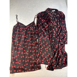 Morgan Taylor Black Red Hearts Large Nightgown & Robe Sexy Satiny Love 💕